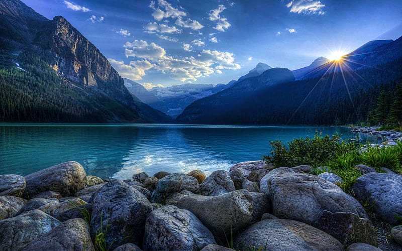 Lake Louise in final sunlit moment of the day, sky, mountains, canada, stones, alberta, clouds, HD wallpaper