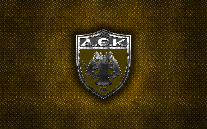 AEK FC, Greek football club, yellow metal texture, metal logo, emblem, Athens, Greece, Super League Greece, creative art, football, AEK Athens FC, HD wallpaper