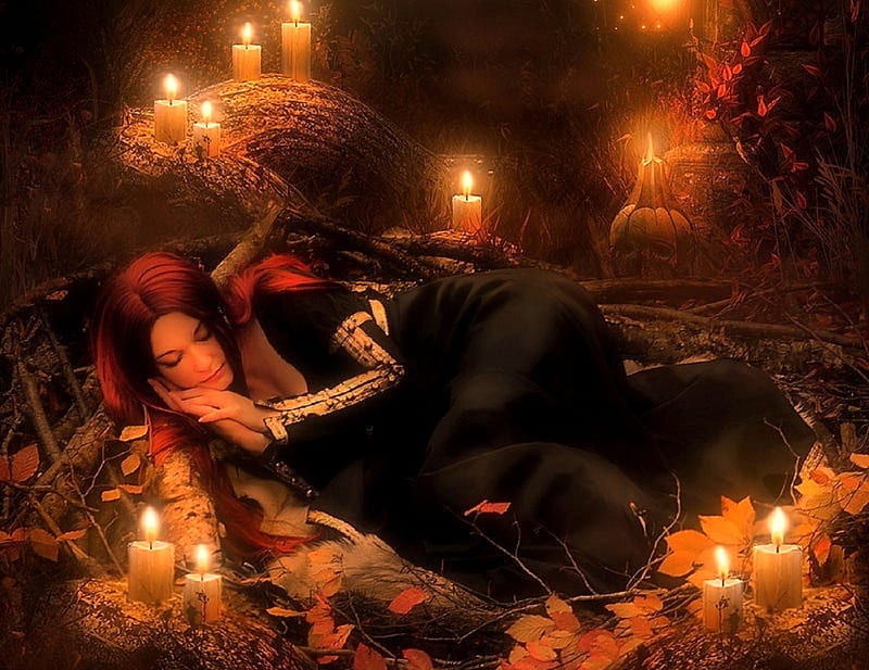 ~Sleeping in Fall~, fall season, autumn, redhead, colors, love four seasons, creative pre-made, digital art, woman, candles, leaves, fantasy, manipulation, weird things people wear, HD wallpaper