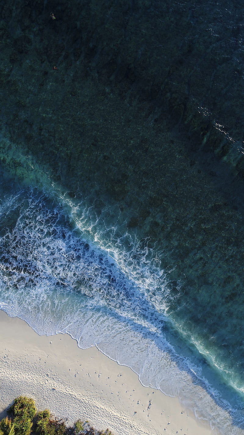 turquoise calm sea wave splashing on white sand beach aerial graphy, HD phone wallpaper