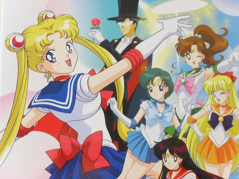 Sailor Moon and The Senshi and Tuxedo Mask, sailor moon, group, senshi, tuxedo kamen sama, HD wallpaper