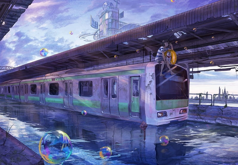 Bubbles, bubble, manga, lalil-le, water, train, girl, purple, anime, station, blue, HD wallpaper