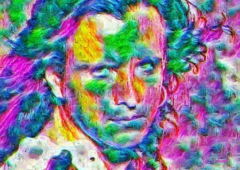 Eduardo Palomo, art, yellow, man, cehenot, abstract, green, painting, face, portrait, pictura, pink, actor, blue, HD wallpaper