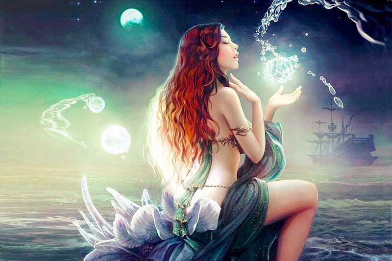 Beautiful Siren , seas, ship, redhead, Mermaid, ocean, bonito, digital art, Fantasy, HD wallpaper