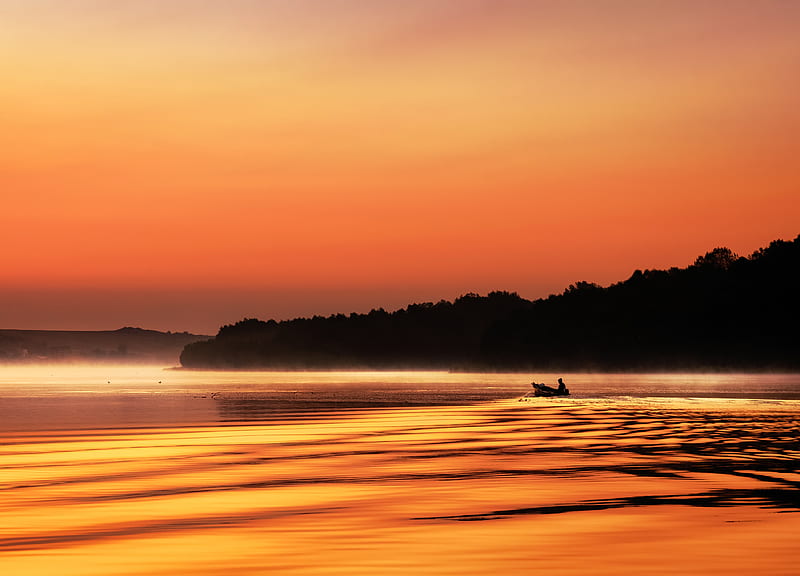 river, boat, silhouette, twilight, HD wallpaper