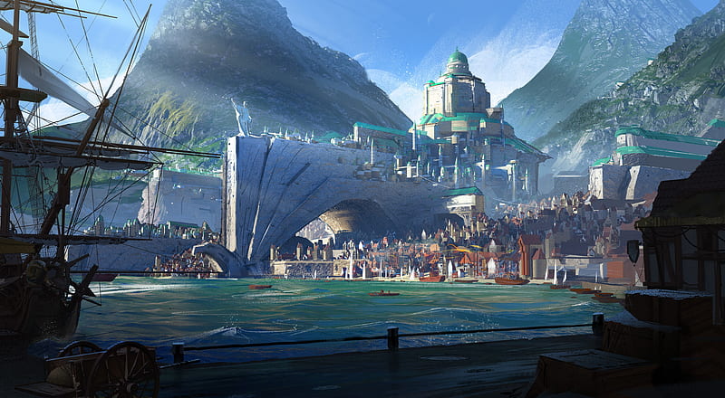 fantasy castle, water, city, mountain, ships, statue, Fantasy, HD wallpaper