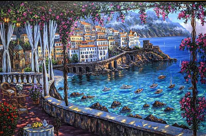 Amalfi Coast, houses, sea, mediterranean, painting, village, artwork, HD wallpaper