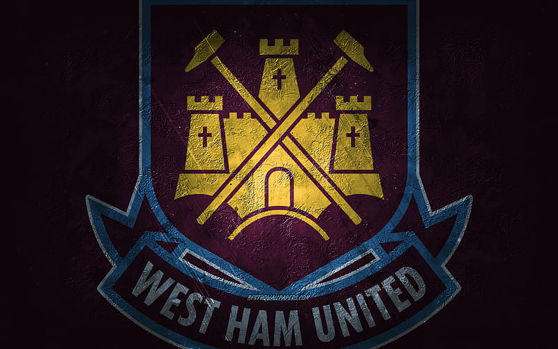 West Ham United FC, English football club, purple stone background, West Ham United FC logo, grunge art, Premier League, football, England, West Ham United FC emblem, HD wallpaper