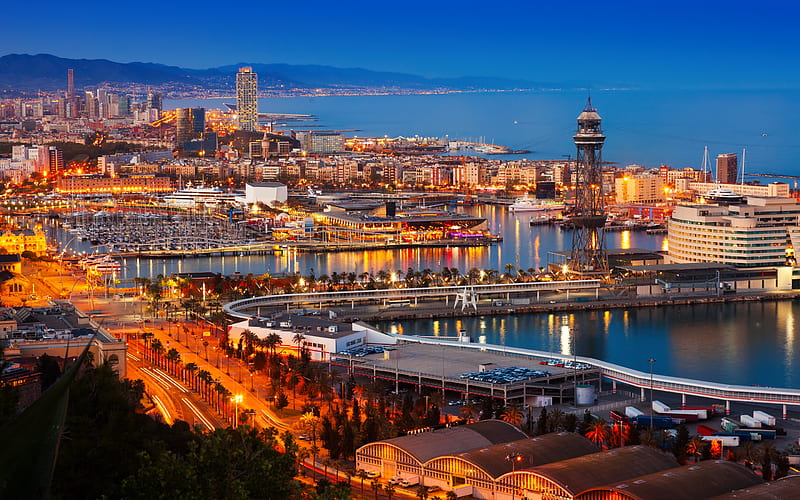 Barcelona, Catalonia, evening, cityscape, city lights, sea, Spain, HD wallpaper