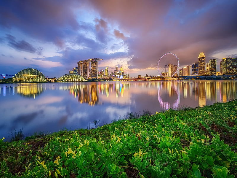 singapore, modern architecture, river, lights, clouds, City, HD wallpaper