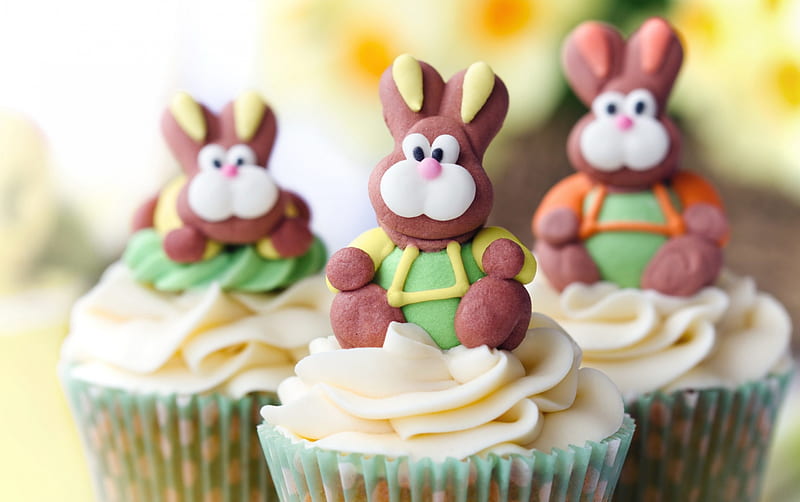 Easter cupcakes, rabbit, chocolate, easter, sweet, dessert, cupcake, green, bunny, white, cream, figurine, HD wallpaper