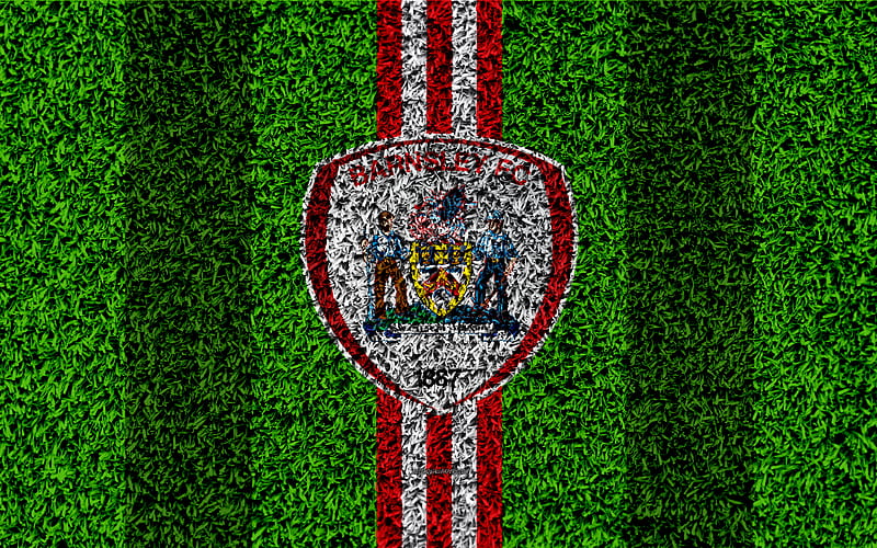 Barnsley FC football lawn, logo, emblem, English football club, Football League Championship, red white lines, grass texture, Barnsley, United Kingdom, England, football, HD wallpaper