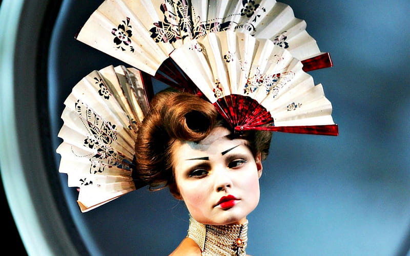 Magdalena Frackowiak, red, model, woman, make-up, geisha, hat, girl, fan, fashion, white, blue, HD wallpaper