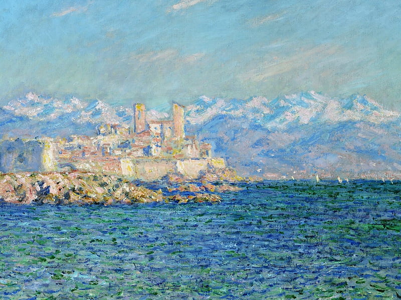 Fortress, art, Claude Monet, sea, painting, summer, impressionism, white, pictura, blue, HD wallpaper