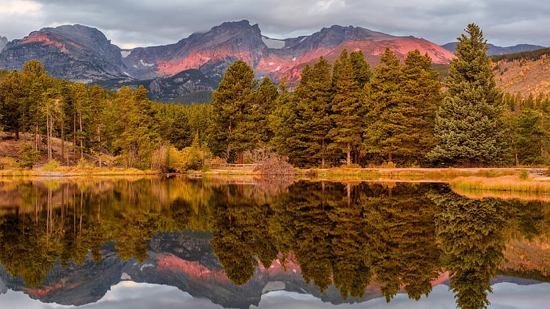 Rocky Mountain NP, Colorado, sky, rocks, usa, hills, fall, colors, landscape, reflections, lake, trees, autumn, clouds, HD wallpaper