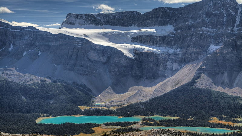 Amazing mountain and lake, Trees, Sky, Clouds, Scree, Mountain, Lake, Snow, HD wallpaper