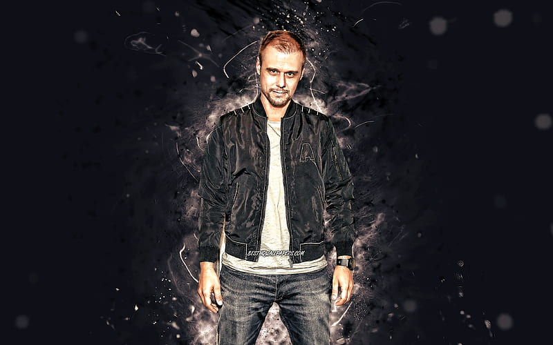 Armin Van Buuren white neon lights, music stars, Dutch DJs, fan art, superstars, creative, Armin Van Buuren, HD wallpaper