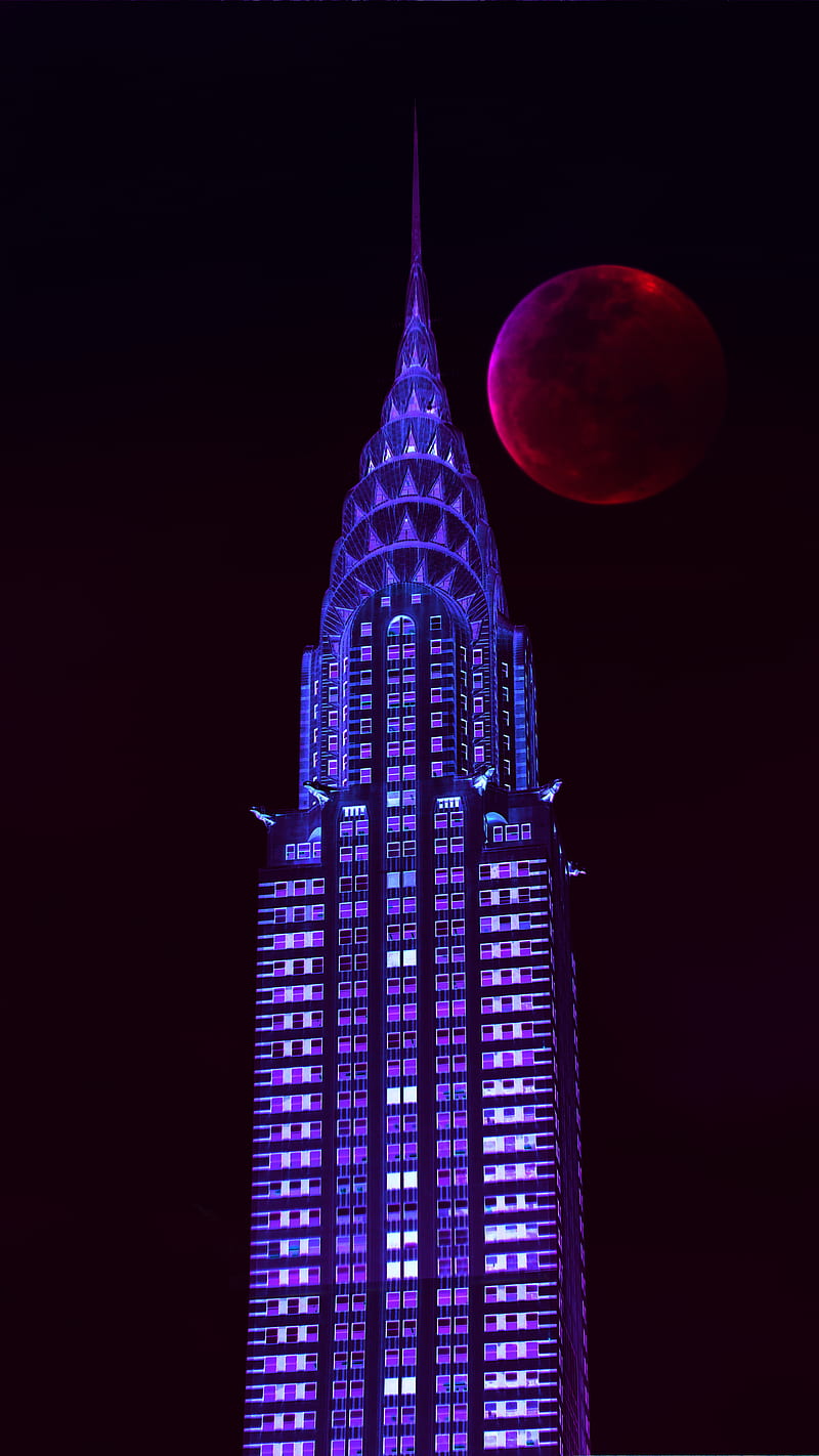Chrysler Building Building Chrysler Fullmoon Moon Pink Tower Hd Mobile Wallpaper Peakpx