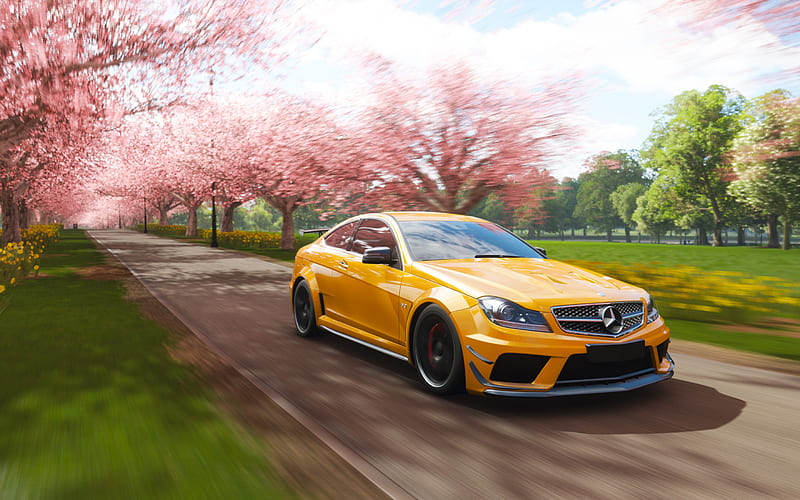 Forza Horizon 4, Mercedes-Benz C63 Coupe, AMG, poster, promo, yellow sports car, car simulator, HD wallpaper
