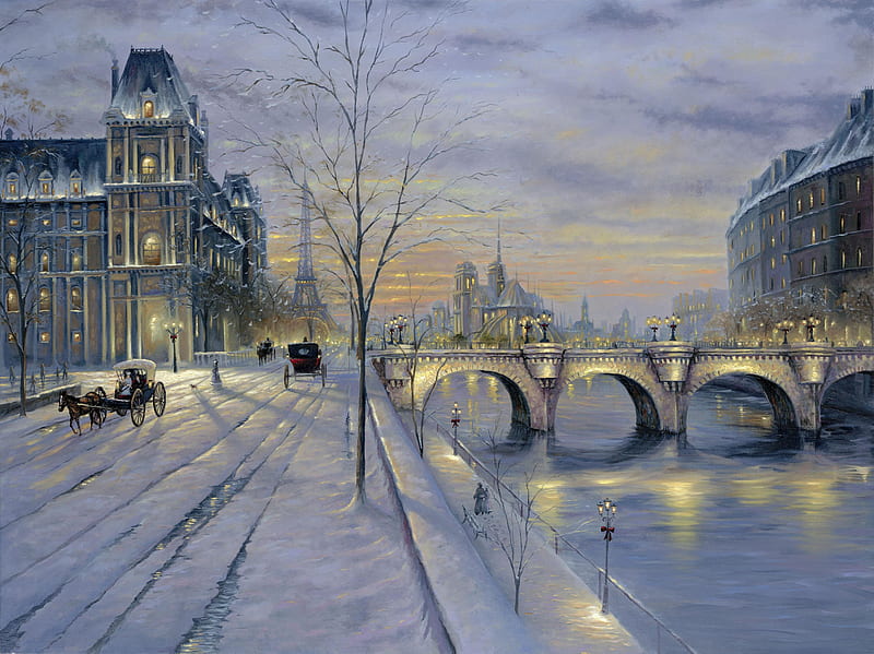 Winter In Paris, paris, river, snow, bridge, HD wallpaper