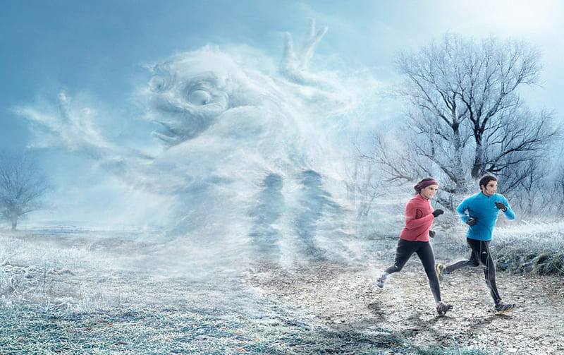 Jogging in the park, ghost, snow, female jogger, male jogger, trees, photshop, HD wallpaper