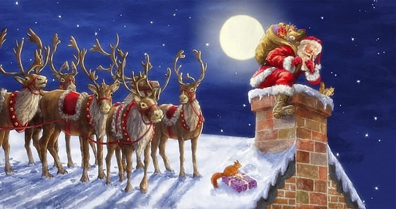 Santa on the roof, stars, house, moon, snow, christmas, reindeer, sky, winter, painting, HD wallpaper