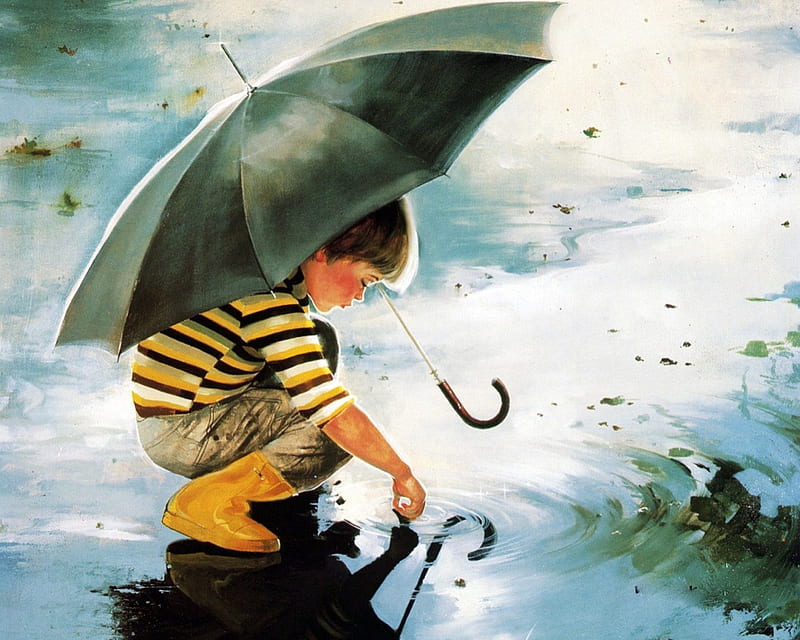 TOUCHING THE SKY, art, boy, water, touching, painting, umbrella, rain, HD wallpaper
