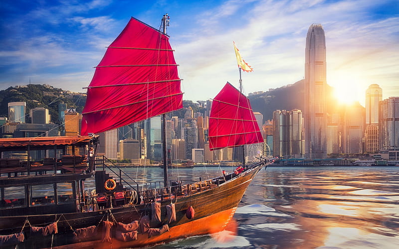 Hong Kong, One Island East, Victoria Harbour, Chinese ship, sunrise, red sails, skyscrapers, China for with resolution . High Quality, HD wallpaper