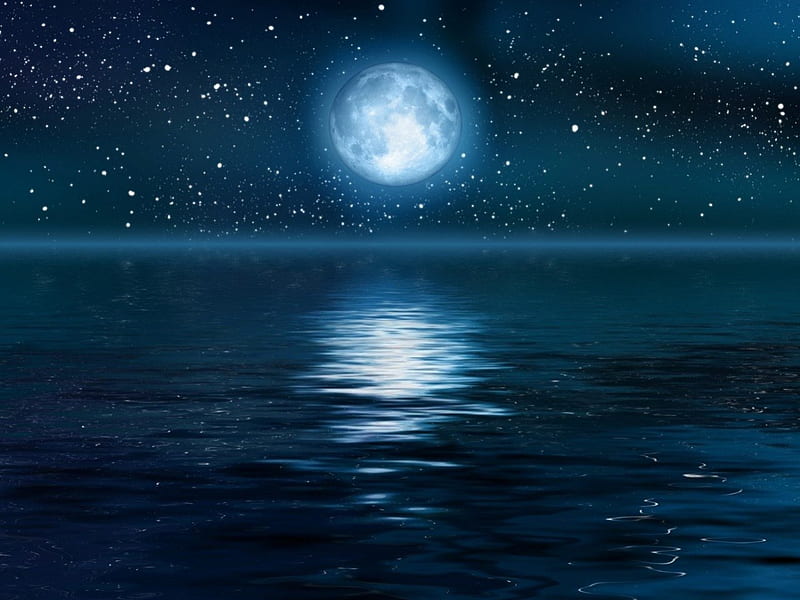 FULL MOON OVER OCEAN, stars, moon, ocean, reflection, sky, blue, night, HD wallpaper