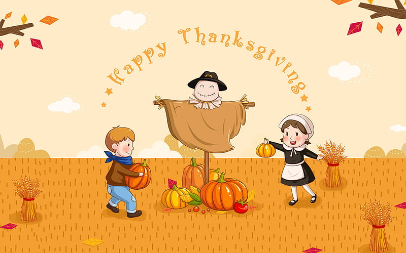 Thanksgiving Greetings, Fall, wheat, children, clouds, Thanksgiving, leaves, kids, corn, stars, tomato, scarecrow, Happy Thanksgiving, hat, boy, girl, pilgrim, berries, Autumn, branches, pumpkins, field, HD wallpaper