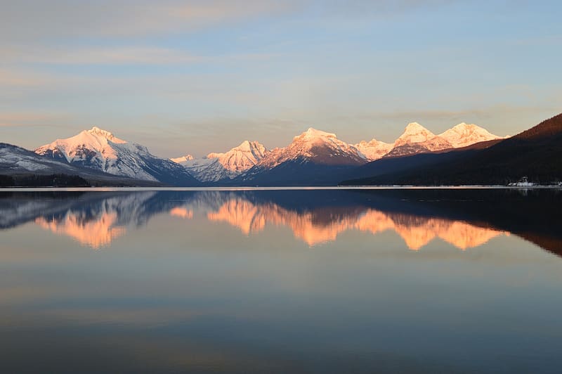 Winter, Nature, Snow, Usa, Mountain, Reflection, , Montana, Glacier National Park, Wilderness, Lake Mcdonald, HD wallpaper