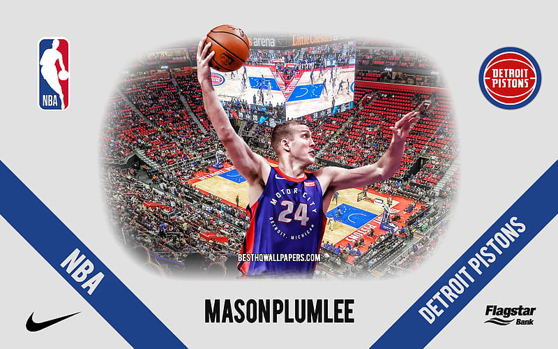 Mason Plumlee, Detroit Pistons, American Basketball Player, NBA, portrait, USA, basketball, Little Caesars Arena, Detroit Pistons logo, HD wallpaper
