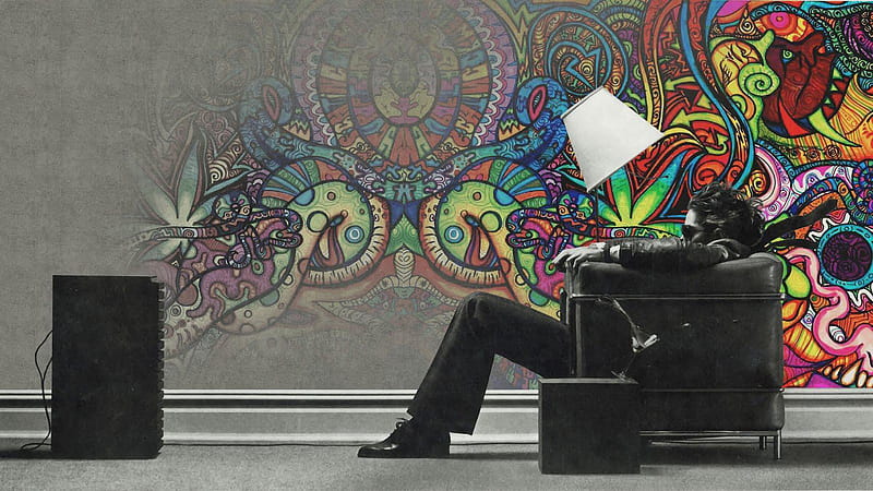 Man Is Sitting On Sofa In Colorful Painting Background Trippy, HD wallpaper