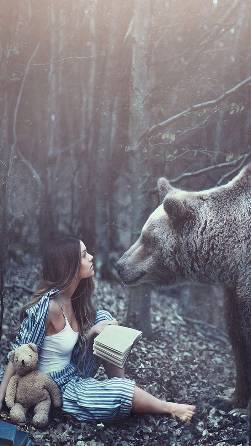 Bear, forest, girl, HD phone wallpaper