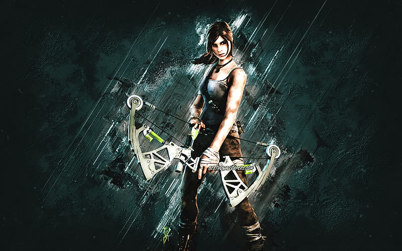 Fortnite Lara Croft Skin, Fortnite, main characters, gray stone background, Lara Croft, Fortnite skins, Lara Croft Skin, Lara Croft Fortnite, Fortnite characters, HD wallpaper