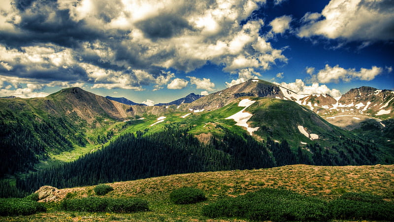 beautiful spring mountain scape, forest, clouds, snow, mountains, HD wallpaper