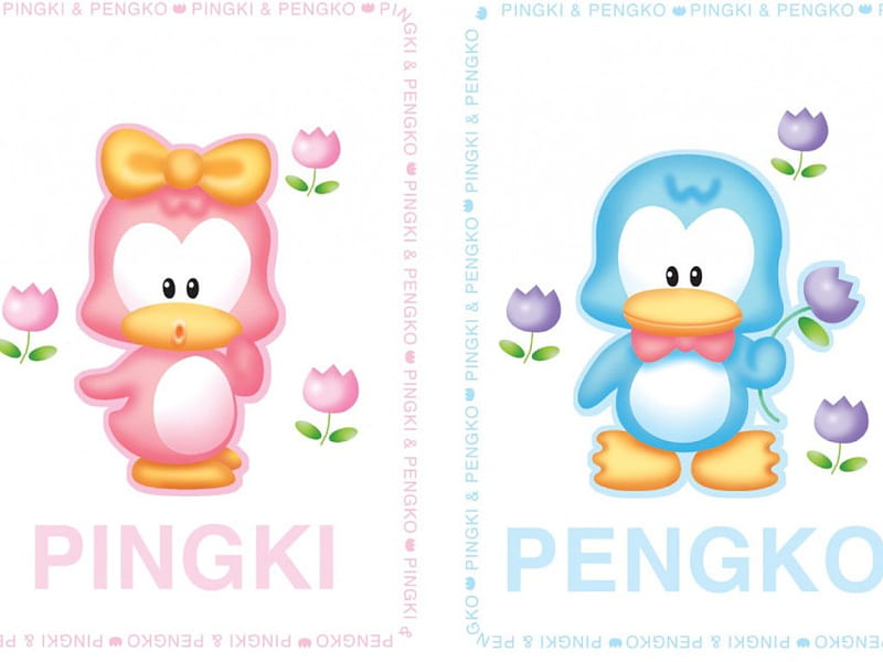 Pingki and Pengko, flowers, boy, penguins, girl, HD wallpaper