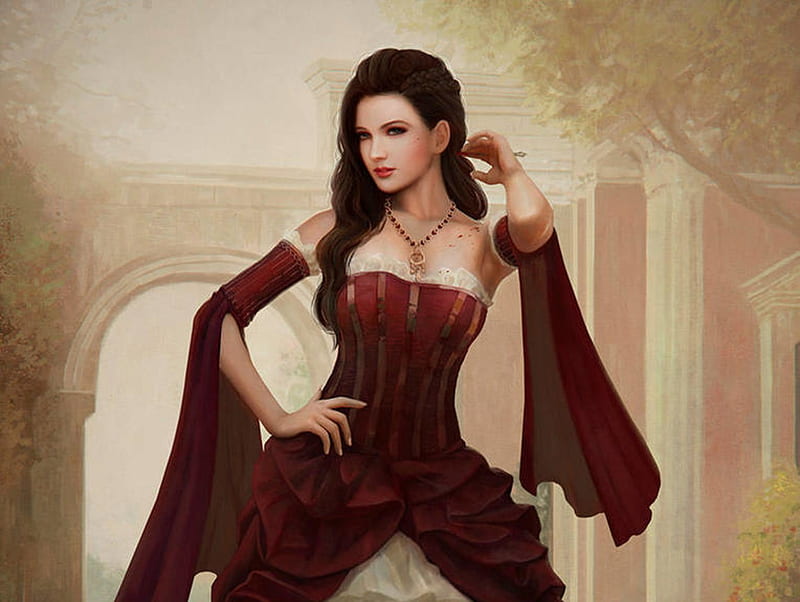 Mercenary courtesan, red, fantasy, girl, mario wibisono, luminos, HD wallpaper