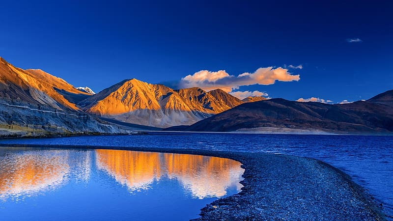 Pangong Tso at dawn, India, landscape, water, rocks, mountains, reflections, HD wallpaper