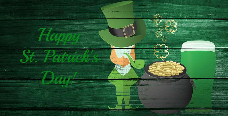 Happy St. Patrick's Day, Leprechaun, pot, coins, clovers, St Patricks Day, gold, boards, beer, Patricks Day, wood, beard, Saint Patricks Day, hat, top hat, glass, shamrocks, pipe, HD wallpaper