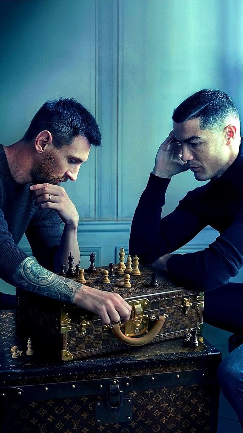 Ronaldo With Messi Playing Chess, ronaldo , playing chess, lionel messi, sports, footballer, HD phone wallpaper