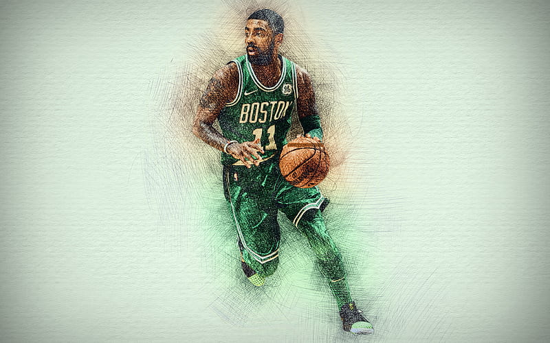 Kyrie Irving, green uniform, basketball stars, Boston Celtics, Irving, artwork, NBA, basketball, drawing Kyrie Irving, NBA stars, HD wallpaper