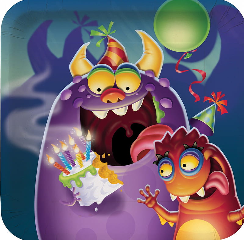 Monster Party, cake, red, purple, silly, party, monster, funny, birtay, HD wallpaper