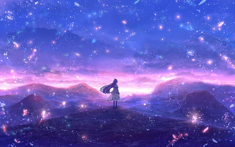 anime girl, polychromatic, scenery, glowing, anime landscape, particles, Anime, HD wallpaper