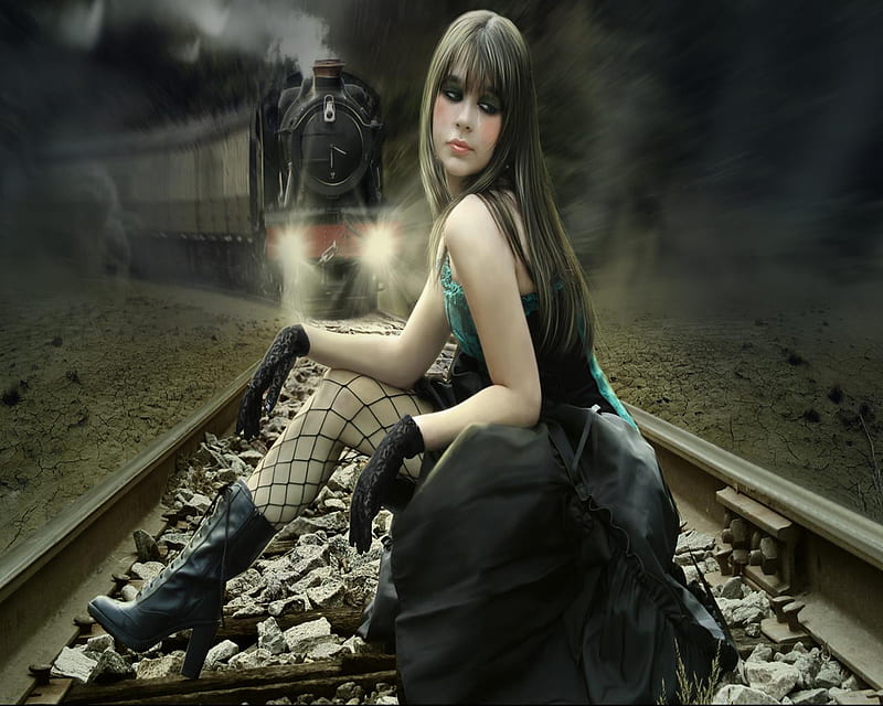 Midnight Train, Take Me Away, art, dress, black, bonito, midnight, abstract, woman, pain, alone, train, stockings, fishnet, sad, tears, blue, HD wallpaper