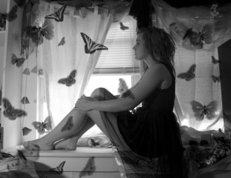 Beauty among the butterflies, fly, black and white, sat on the windowsill, beauty, butterflies, woman, HD wallpaper