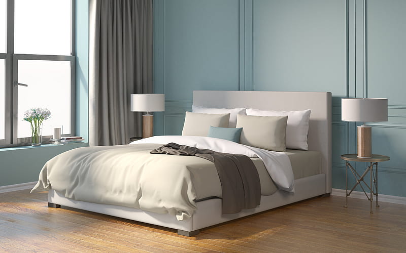 stylish bedroom interior, blue walls, modern design, quiet interior, bedroom, HD wallpaper