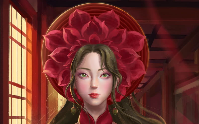 Lotus girl, red, frumusete, lotus, luminos, girl, hannah ng, flower, face, fantasy, HD wallpaper