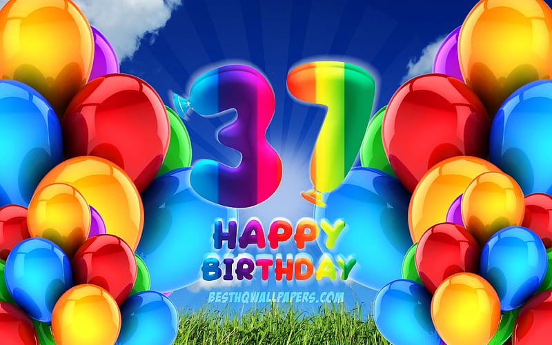 Happy 37 Years Birtay, cloudy sky background, Birtay Party, colorful ballons, Happy 37th birtay, artwork, 37th Birtay, Birtay concept, 37th Birtay Party, HD wallpaper