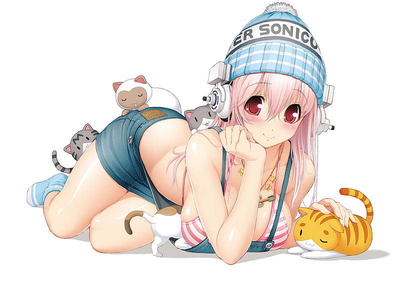 Sonico, headphones, bonito, anime, hot, beauty, anime girl, super sonico, female, kitty, sexy, cat, plain, cute, girl, simple, lady, pink hair, white, maiden, HD wallpaper